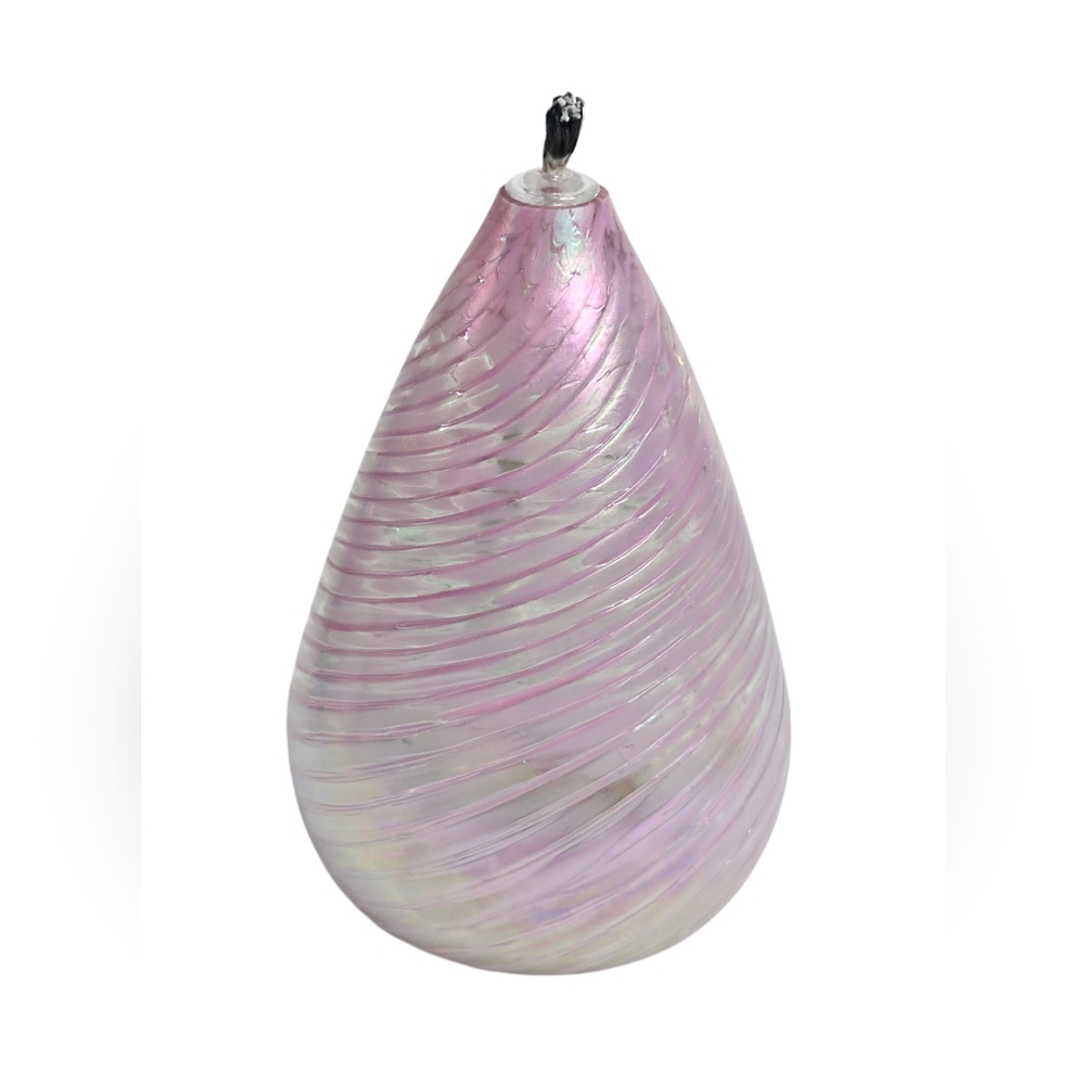 Hand Blown Art Glass Oil Lamp Teardrop Pink Iridescent Swirl Studio Art Nouveau